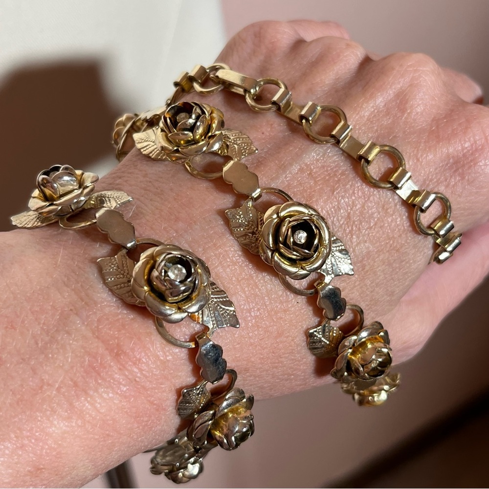Antique Deco Gold Rose Crystal Choker Collar Necklace With Matching Bracelet set